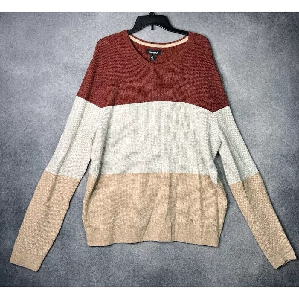 NORDSTROM Crew Neck Striped Colorblock Knit Sweater Orange Cream Women Size XL